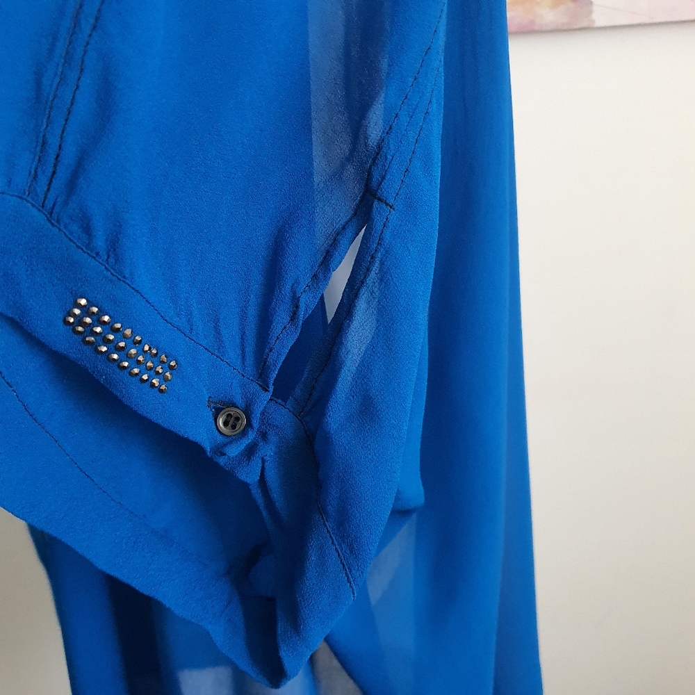 Verge NZ Short Sleeve Sheer Blue Button Down Long Blouse Size XXL - Picture 10 of 12